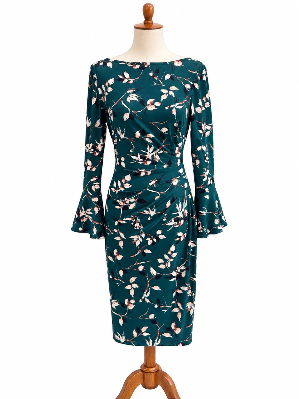 Lauren Ralph Lauren Floral Ruched Ruffle Green Boatneck Dress 2
